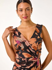 Roman Brown Floral Print Ruched V-Neck Dress - Image 4 of 5
