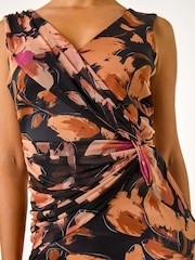 Roman Brown Floral Print Ruched V-Neck Dress - Image 5 of 5