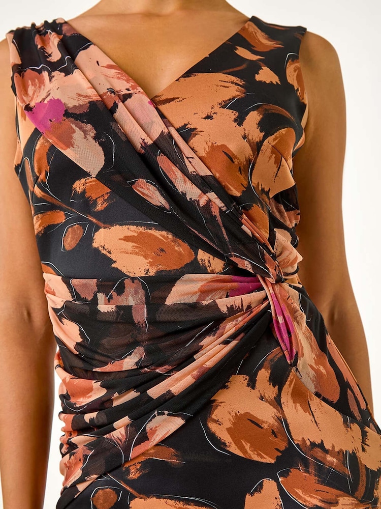 Roman Brown Floral Print Ruched V-Neck Dress - Image 5 of 5