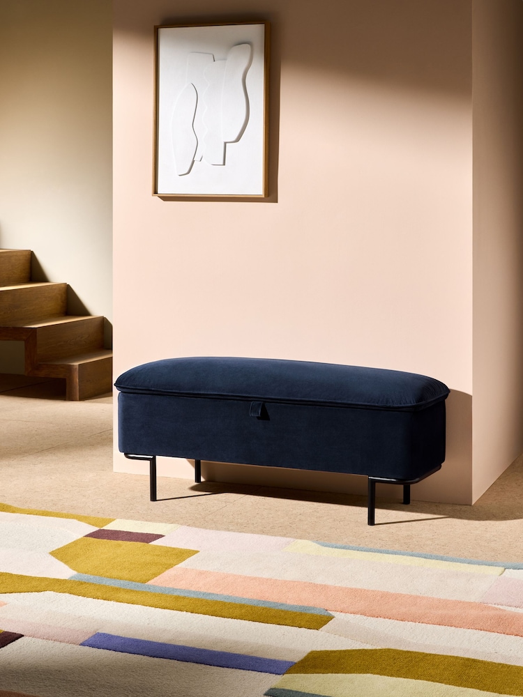 MADE.COM Navy Blue Velvet Harlow Storage Ottoman Bench - Image 1 of 6