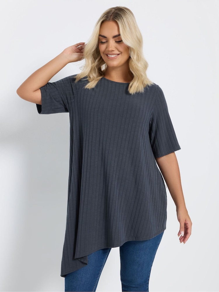 Yours Curve Charcoal Grey Asymmetric Ribbed T-Shirt - Image 1 of 6