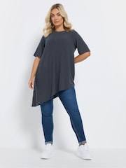 Yours Curve Charcoal Grey Asymmetric Ribbed T-Shirt - Image 2 of 6