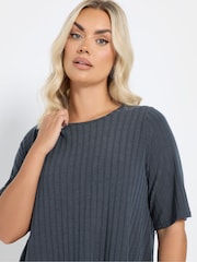 Yours Curve Charcoal Grey Asymmetric Ribbed T-Shirt - Image 4 of 6