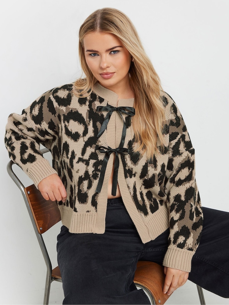 Yours Curve Brown Limited Leopard Satin Bow Cardigan - Image 1 of 5