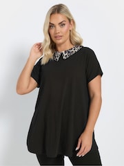 Yours Curve Black Leopard Print Collared Swing Top - Image 1 of 5