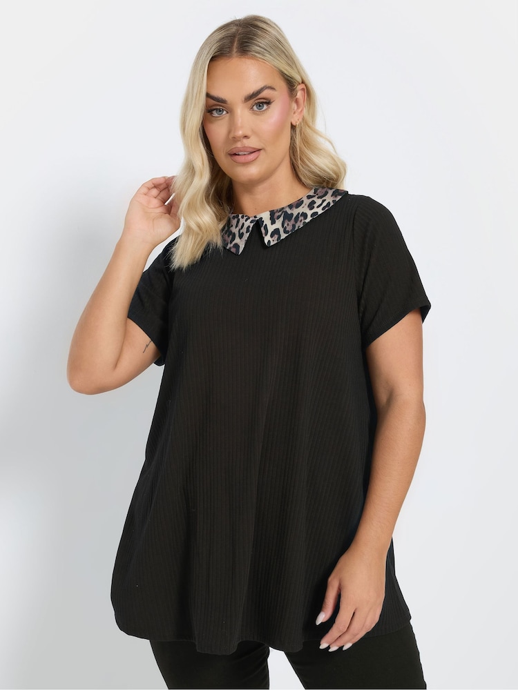 Yours Curve Black Leopard Print Collared Swing Top - Image 1 of 5