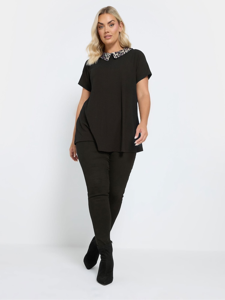 Yours Curve Black Leopard Print Collared Swing Top - Image 2 of 5