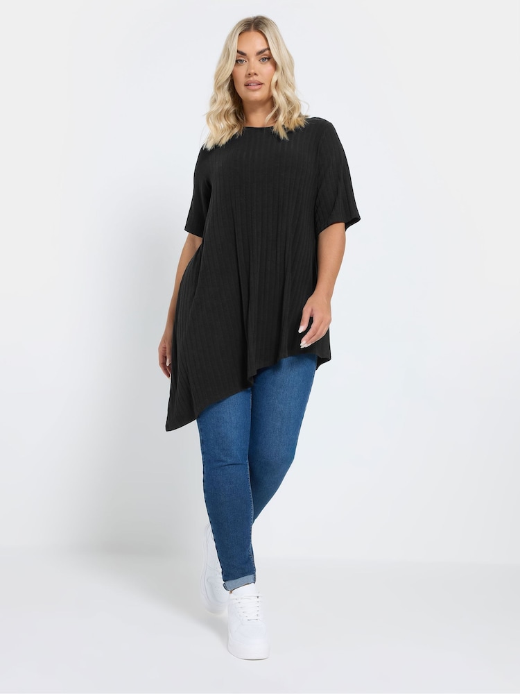 Yours Curve Black Asymmetric Ribbed T-Shirt - Image 2 of 6