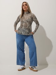 Yours Curve Natural Brown Limited Collection Snake Print Mesh Top - Image 3 of 5