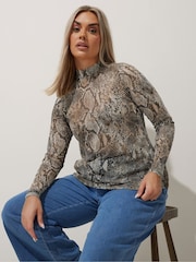 Yours Curve Natural Brown Limited Collection Snake Print Mesh Top - Image 4 of 5