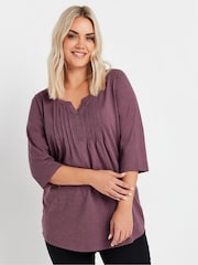 Yours Curve Purple Pintuck Henley 100% Cotton Top - Image 1 of 5