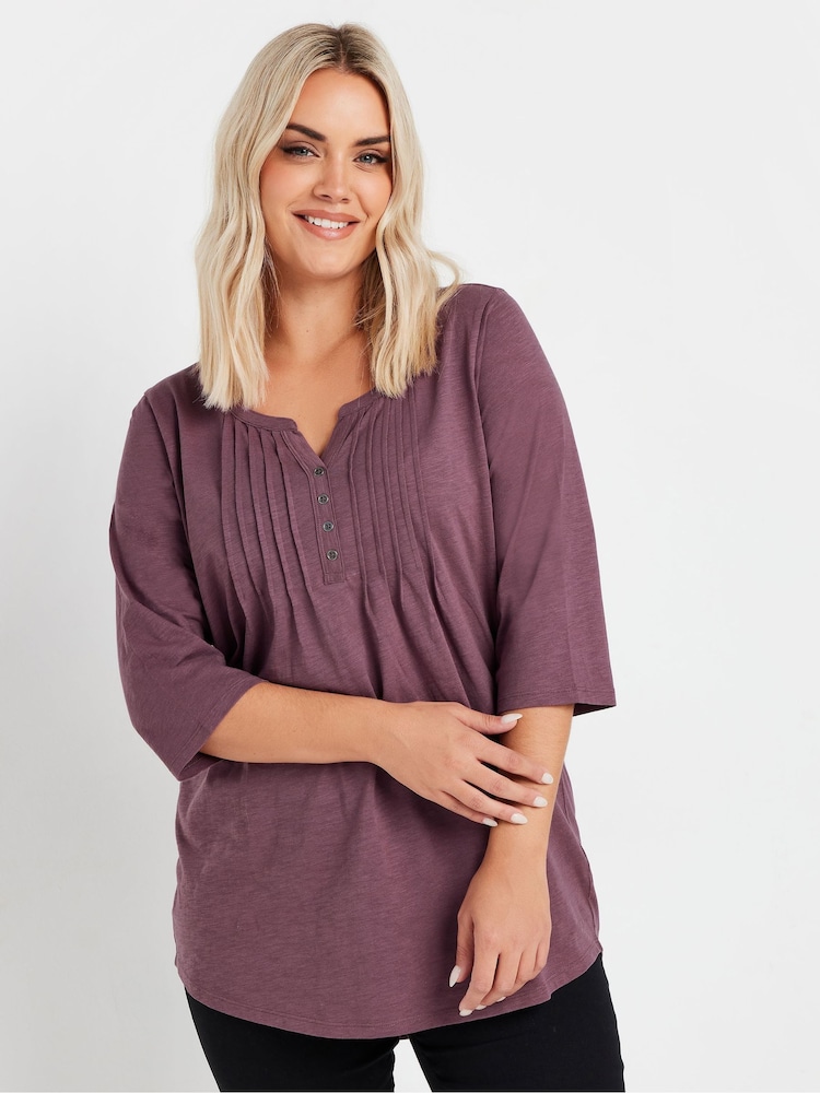 Yours Curve Purple Pintuck Henley 100% Cotton Top - Image 1 of 5