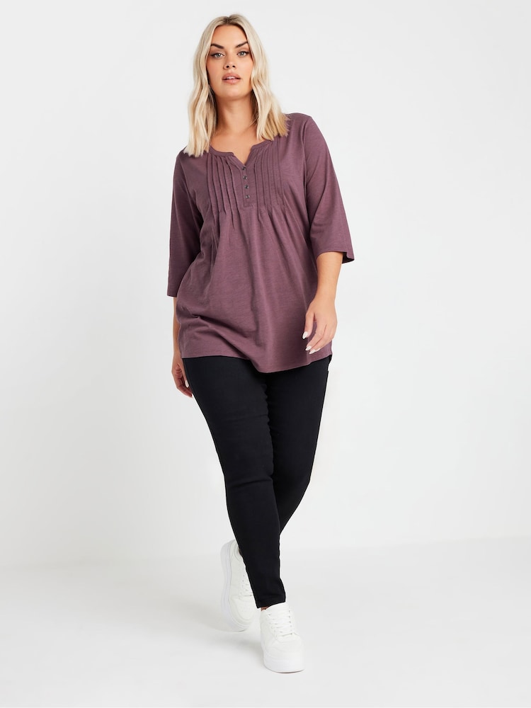 Yours Curve Purple Pintuck Henley 100% Cotton Top - Image 2 of 5