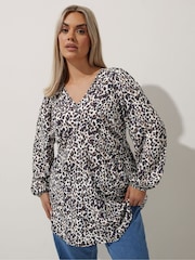 Yours Curve White/Brown Leopard Print Limited Shirred Waist Detail Top - Image 1 of 5