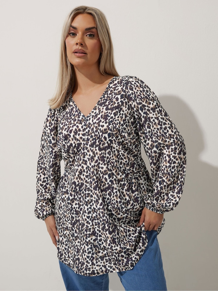 Yours Curve White/Brown Leopard Print Limited Shirred Waist Detail Top - Image 1 of 5