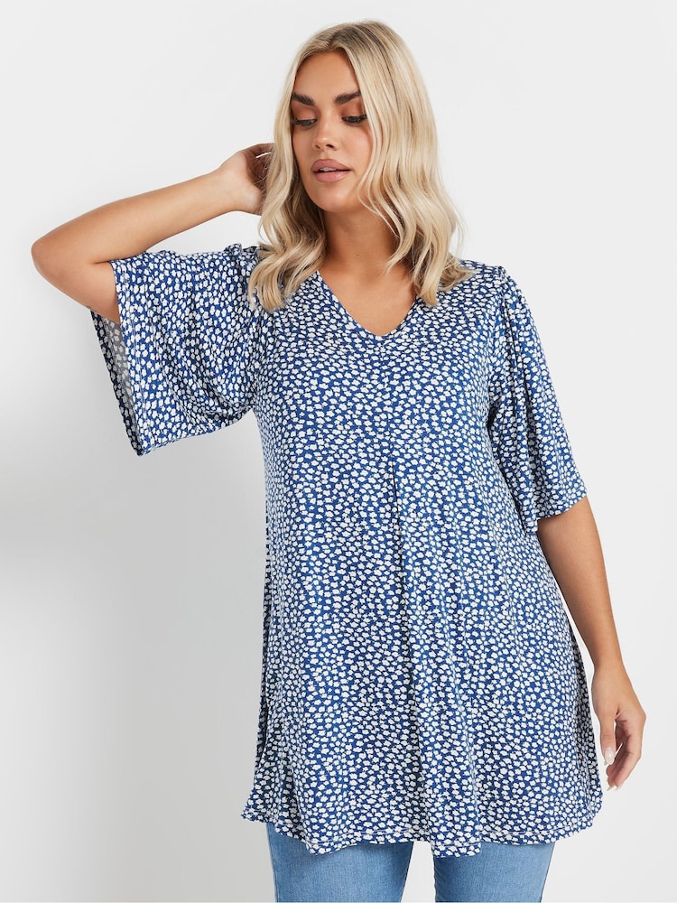 Yours Curve Blue Pleated Front Swing Top - Image 1 of 5