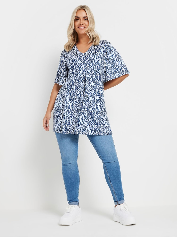 Yours Curve Blue Pleated Front Swing Top - Image 2 of 5