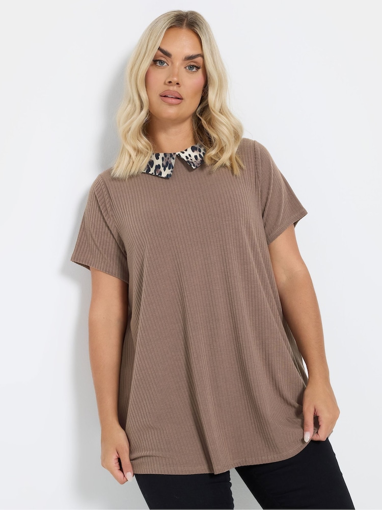 Yours Curve Brown Collar Ribbed Swing T-Shirt - Image 1 of 5