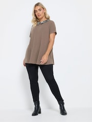 Yours Curve Brown Collar Ribbed Swing T-Shirt - Image 2 of 5