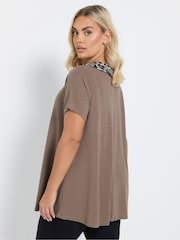 Yours Curve Brown Collar Ribbed Swing T-Shirt - Image 3 of 5
