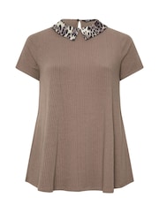 Yours Curve Brown Collar Ribbed Swing T-Shirt - Image 5 of 5
