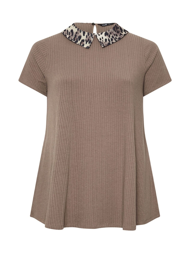 Yours Curve Brown Collar Ribbed Swing T-Shirt - Image 5 of 5