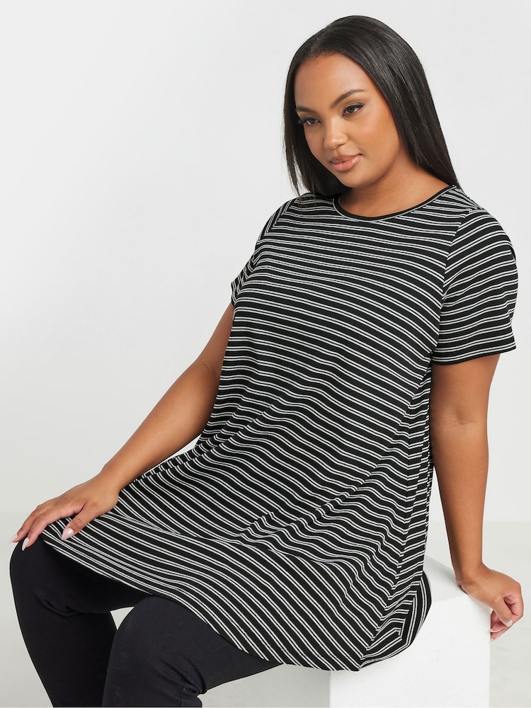 Yours Curve Black Striped Ribbed Swing Top - Image 1 of 5
