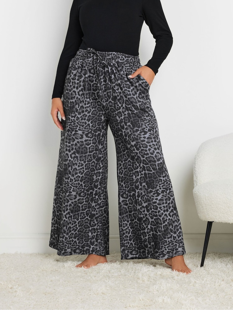 Yours Curve Grey Leopard Print Wide Leg Lounge Trousers - Image 1 of 5