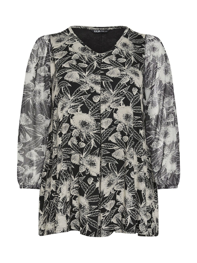 Yours Curve Black Floral Mesh Sleeve Top - Image 5 of 5