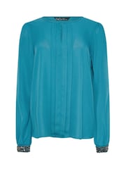 M&Co Blue Embellished Cuffed Pleated Blouse - Image 5 of 5