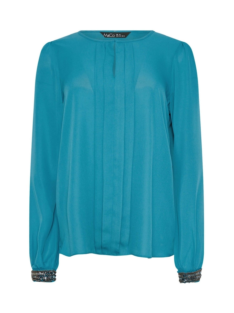 M&Co Blue Embellished Cuffed Pleated Blouse - Image 5 of 5