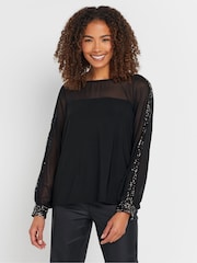 M&Co Black Sequin Sleeve Detail Blouse - Image 1 of 5