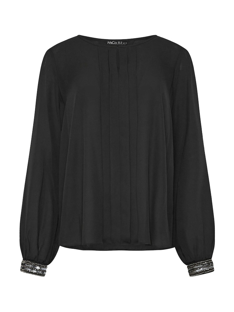 M&Co Black Embellished Cuffed Pleated Blouse - Image 5 of 5