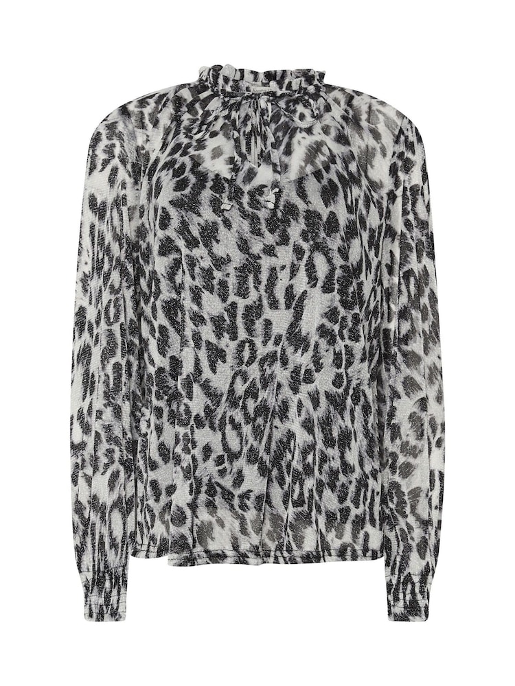 M&Co Grey Frill Collar Shimmer Leopard Print Blouse - Image 5 of 5