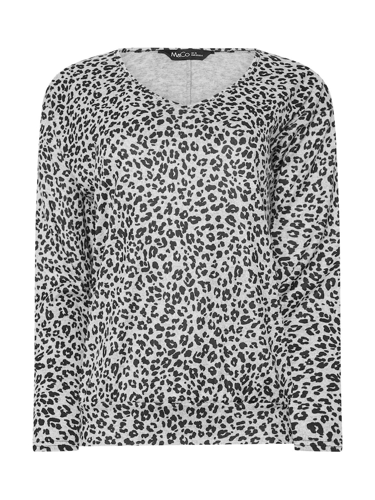 M&Co Grey Leopard Print V-Neck Long Sleeves Top - Image 6 of 6