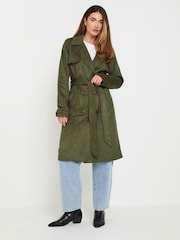 Long Tall Sally Khaki Green Faux Suede Midi Trench Coat - Image 1 of 9