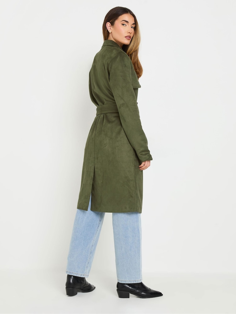 Long Tall Sally Khaki Green Faux Suede Midi Trench Coat - Image 2 of 9