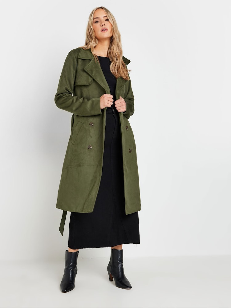 Long Tall Sally Khaki Green Faux Suede Midi Trench Coat - Image 1 of 5