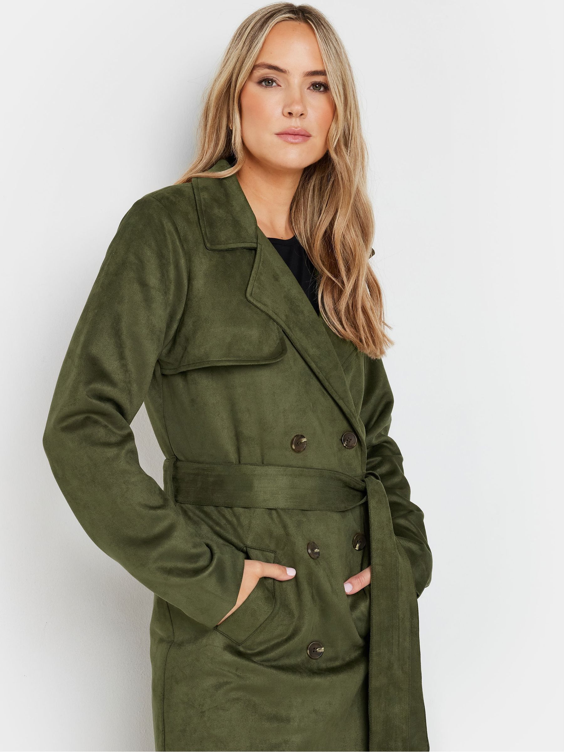 Buy Long Tall Sally Khaki Green Faux Suede Midi Trench Coat from