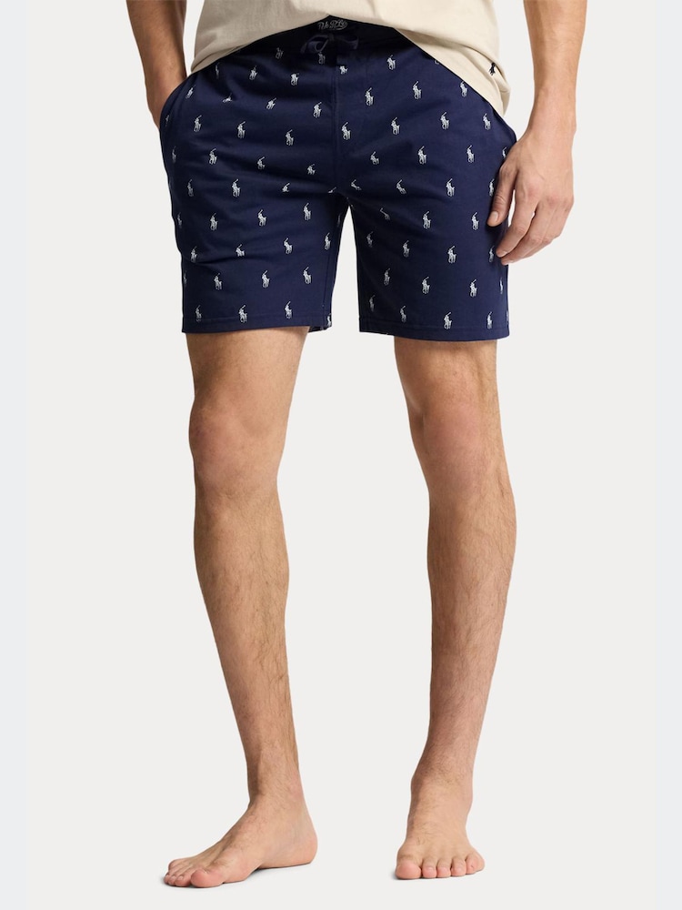 Polo Ralph Lauren Navy Blue All-Over Pony Print Jersey Shorts - Image 1 of 4