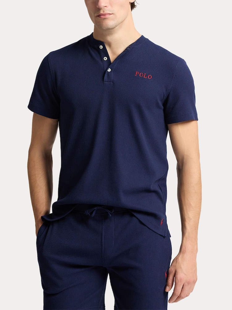 Polo Ralph Lauren Navy Blue Waffle Henley Button Collar T-Shirt - Image 1 of 4