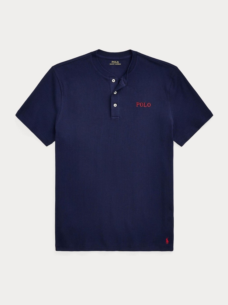 Polo Ralph Lauren Navy Blue Waffle Henley Button Collar T-Shirt - Image 4 of 4