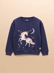 Joules Girls' Mackenzie Navy Horse Embroidered Artwork Sweatshirt With Faux Faur Lining - Image 1 of 5