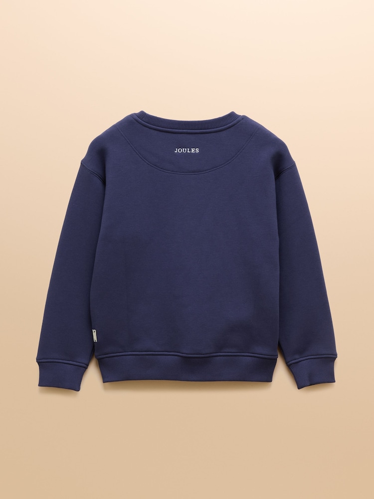 Joules Girls' Mackenzie Navy Horse Embroidered Artwork Sweatshirt With Faux Faur Lining - Image 2 of 5