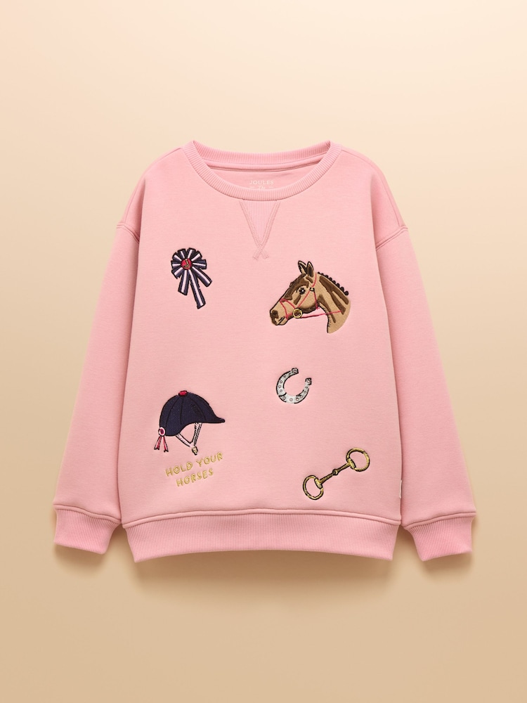 Rožnata konji - Joules dekleta' Mackenzie Embroidered Artwork zgornji del trenirke; športna majica s podlogo iz Faux Faur - Slika 1 iz 3