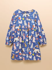 Joules Girls' Hampton Blue Dog Long Sleeve Jersey Dress - Image 1 of 4