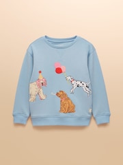 Joules Girls' Mackenzie Blue Embroidered Artwork Sweatshirt With Faux Faur Lining - Image 1 of 5