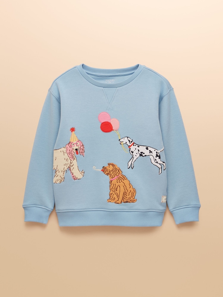 Joules Girls' Mackenzie Blue Embroidered Artwork Sweatshirt With Faux Faur Lining - Image 1 of 5