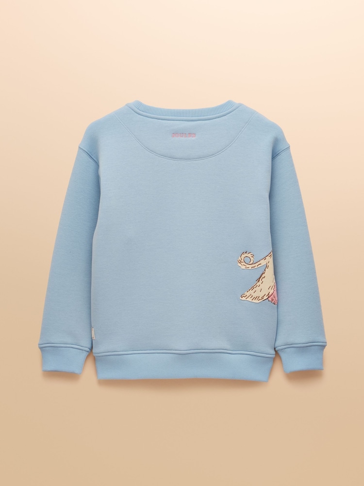 Joules Girls' Mackenzie Blue Embroidered Artwork Sweatshirt With Faux Faur Lining - Image 2 of 5