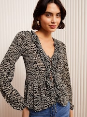 Friends Like These Black Print Ruffle Front Mesh Blouse - Image 1 of 4